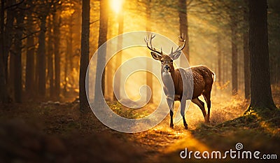 Young deer crossing an area of â€‹â€‹the woods crossed by the warm light of the golden sun Stock Photo